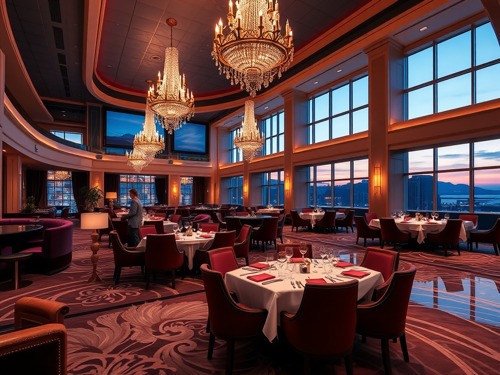 "luxury casino hotel lobby at dusk, elegant velvet lounges, warm chandeliers, refined gourmet dining table setting, soft spa glow, modern suite windows"
