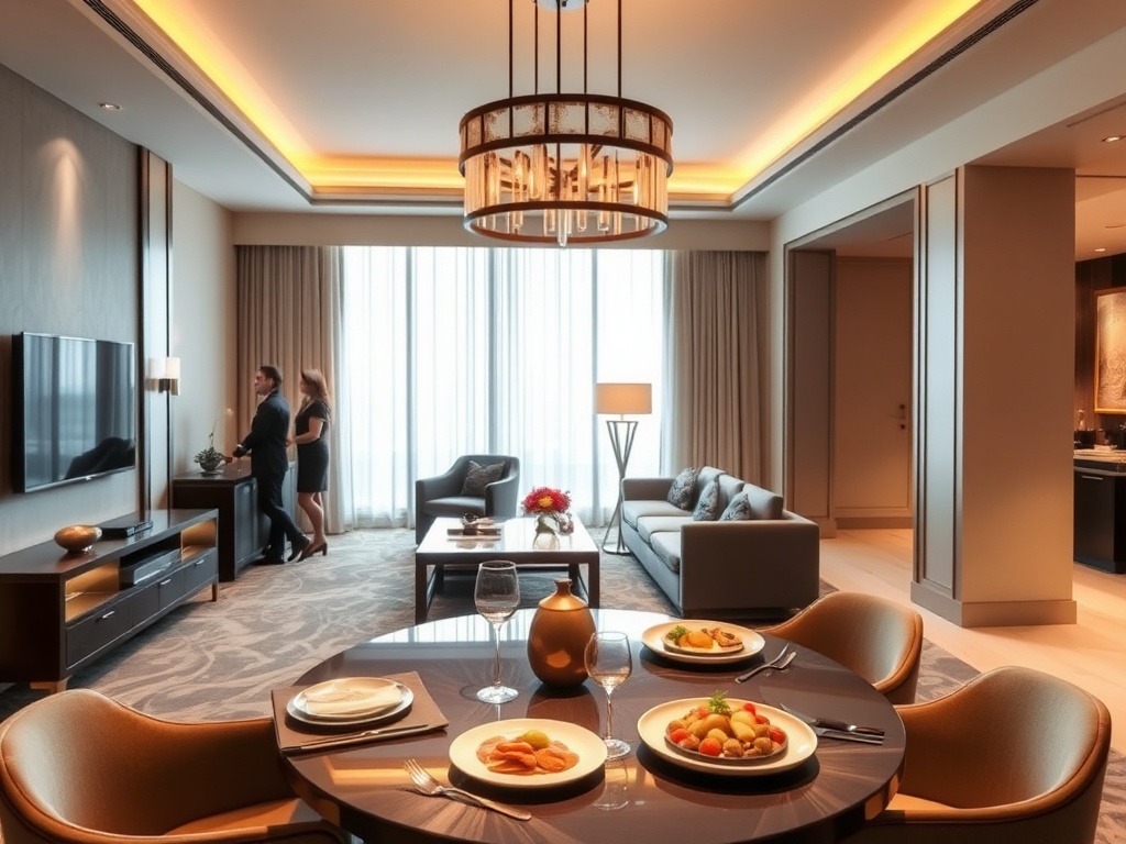 "luxury casino hotel suite living area beside a modern dining table with elegant plated cuisine, warm service staff silhouettes, and a calm spa corridor with soft lighting" You MUST not include ANY brand images or logos. You may ONLY reply with the format