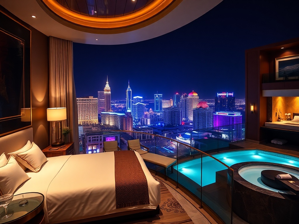 "luxury casino hotel suite balcony at night" "glowing casino lights in distance" "chic bed and marble bathroom" "spa pool steam" "dining and live show ambiance".