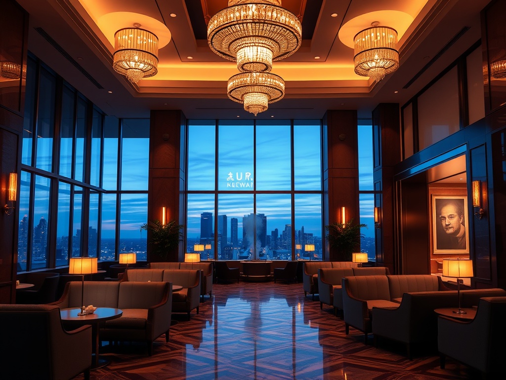 Modern casino hotel lobby at dusk, glowing chandeliers, plush lounge seating, elegant skyline view, spa steam rising, serene mood, luxurious suite doorway, warm hospitality lighting.