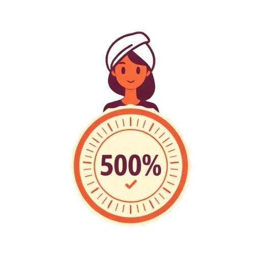 Carefully describe an image showing a friendly “spa” symbol above a stylized “guest” silhouette, centered on a “badge” medallion with radiating rays and a subtle checkmark to suggest “100%” satisfaction; clean flat shapes, thick outlines, 