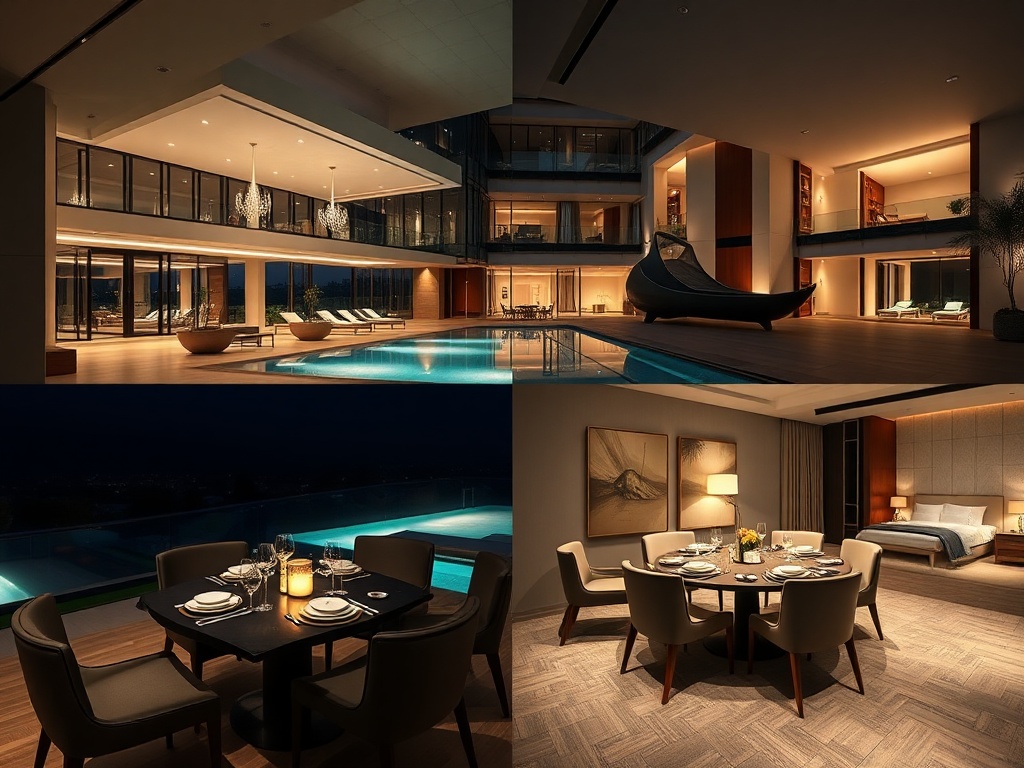 "modern luxury hotel lobby at night" , "soft-lit pool terrace" , "elegant gourmet dining table" , "sleek inviting suites" , "relaxing ambiance" .