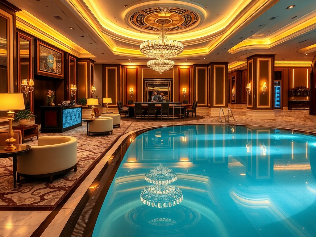 A glamorous casino hotel interior with elegant lounge seating, a smiling concierge welcoming guests, and a serene spa pool reflecting warm lights.