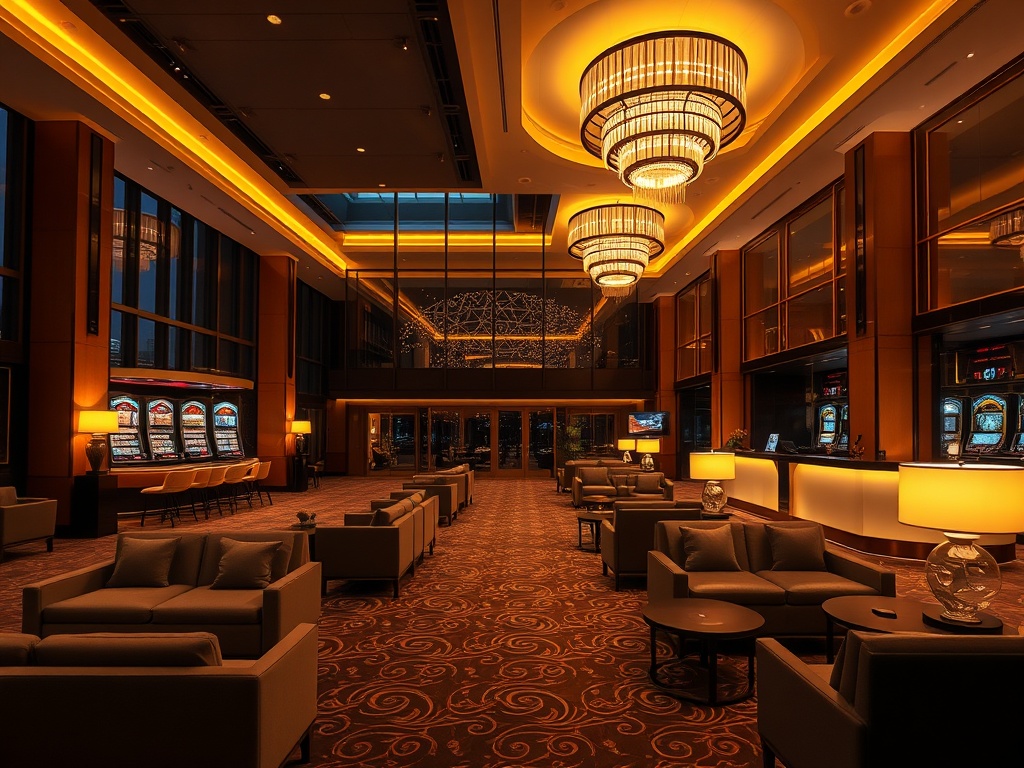 "luxury hotel lobby at night in Poland, warm golden lighting, modern seating, elegant concierge desk, subtle casino ambiance with glowing lights, cinematic atmosphere, inviting." "No logos, no text, high detail, photorealistic."