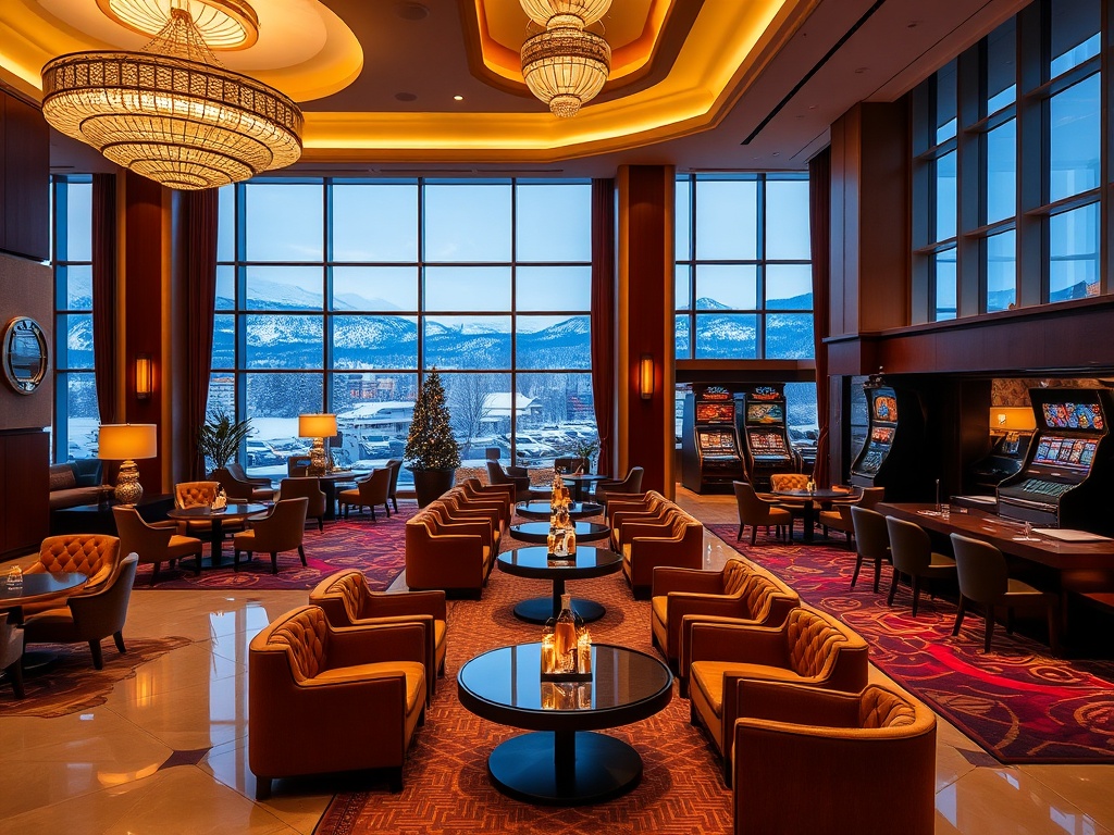 "luxury Canadian hotel lobby merging into a glamorous casino lounge, warm lights, comfortable seating, scenic winter skyline through windows, inviting atmosphere"