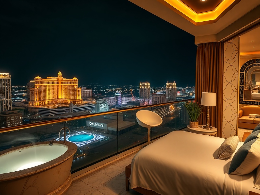 "luxury casino hotel suite balcony at night" "glowing casino lights in distance" "chic bed and marble bathroom" "spa pool steam" "dining and live show ambiance".