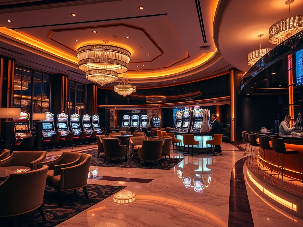 "Modern casino hotel lobby at night, warm lighting, elegant seating, marble floors, subtle slot-machine glow, concierge-style service ambiance, upscale bar, concierge gestures welcoming, cinematic depth of field." "You MUST not include ANY brand images or