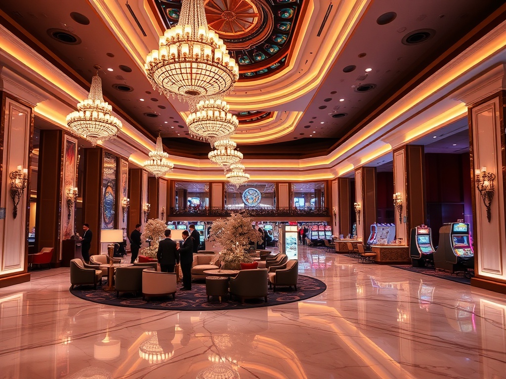 "contemporary casino hotel lobby at night" "glowing chandeliers" "sleek marble floors" "elegant lounge seating" "soft neon reflections" "visitors in formal attire" "wide view into illuminated casino"