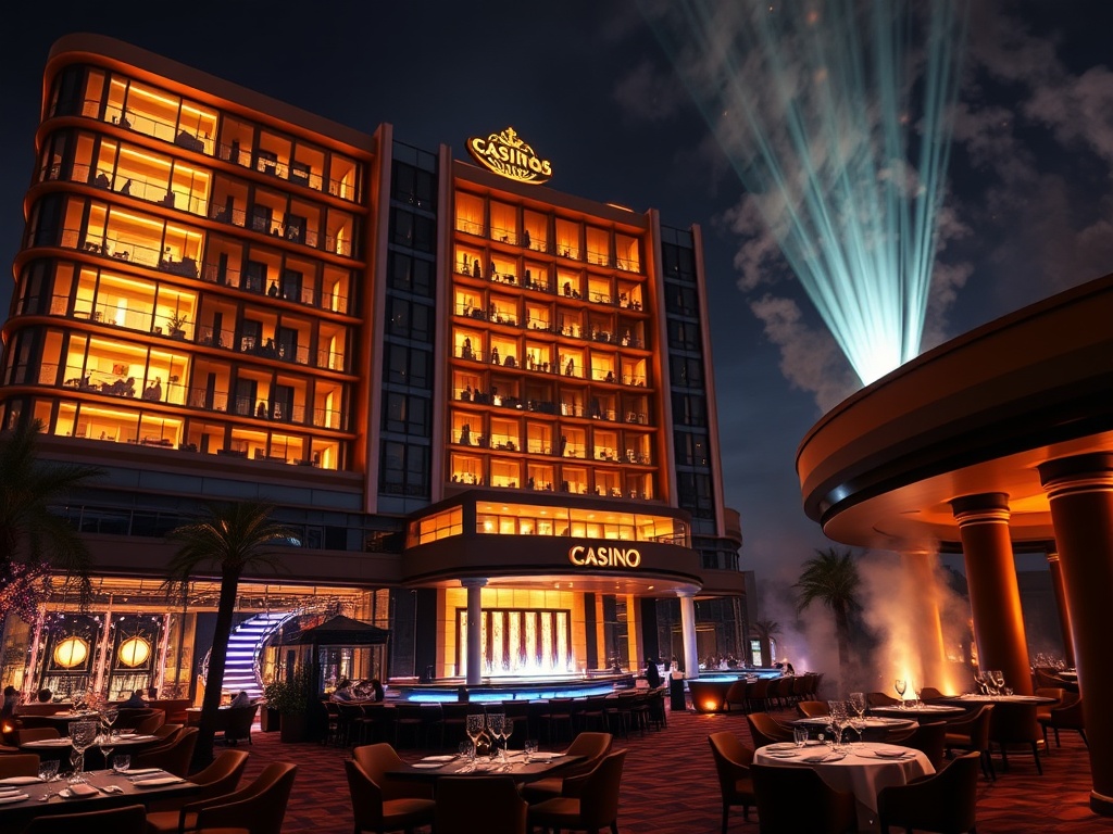 "luxury modern casino hotel at night, glowing suites windows, elegant lounge with cocktails, gourmet restaurant lighting, live show stage lights, serene spa steam ambience"