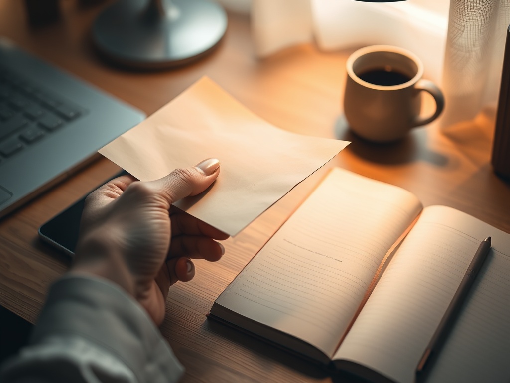 "warm desk scene" "hand holds an unmarked letter" "soft morning light" "dimmed smartphone beside a closed journal" "quiet mindful breath"
