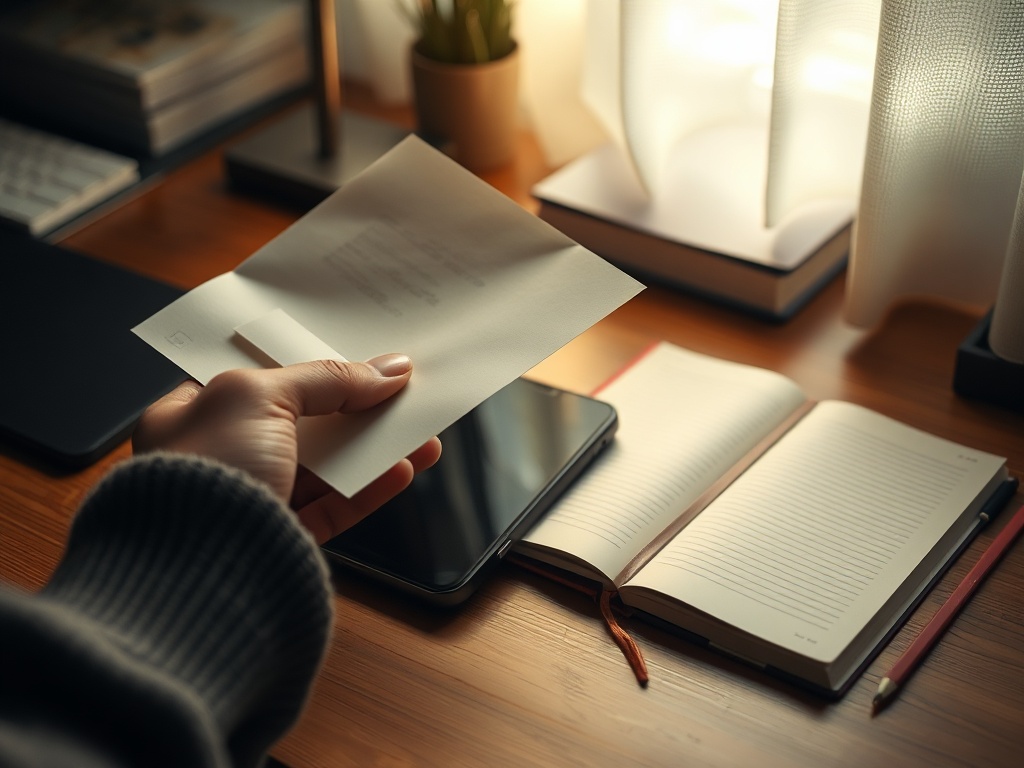"warm desk scene" "hand holds an unmarked letter" "soft morning light" "dimmed smartphone beside a closed journal" "quiet mindful breath"
