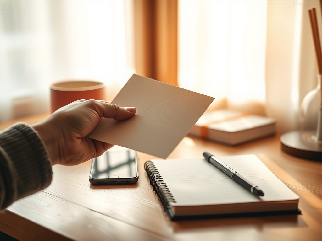 "warm desk scene" "hand holds an unmarked letter" "soft morning light" "dimmed smartphone beside a closed journal" "quiet mindful breath"