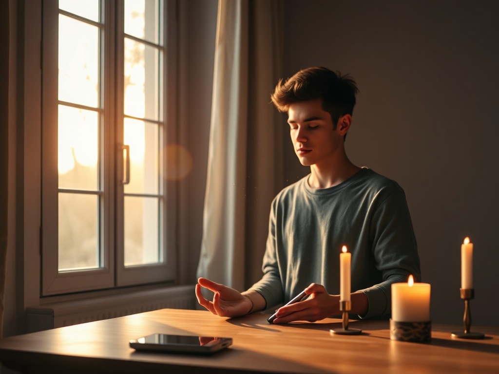 Soft morning scene, young person meditating beside open window, warm light, floating dust motes, smartphone on table face down, calm candles, minimal desk, gentle calm colors.