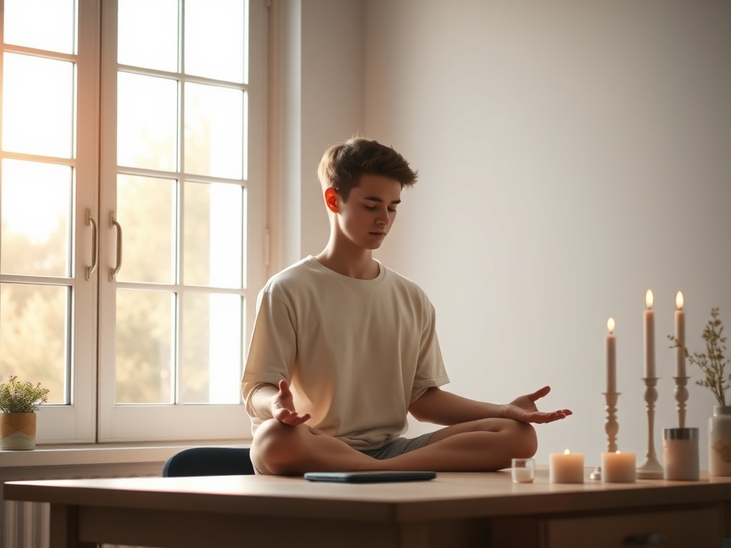 Soft morning scene, young person meditating beside open window, warm light, floating dust motes, smartphone on table face down, calm candles, minimal desk, gentle calm colors.
