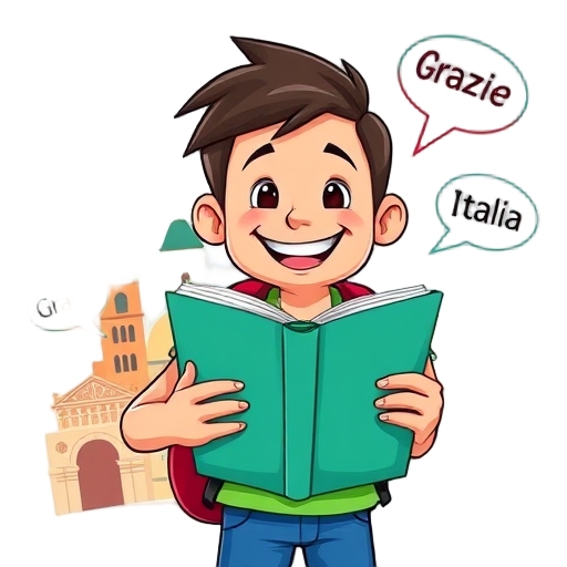 Een vrolijk cartoonfiguur met een reisgids en Italiaanse bezienswaardigheden.