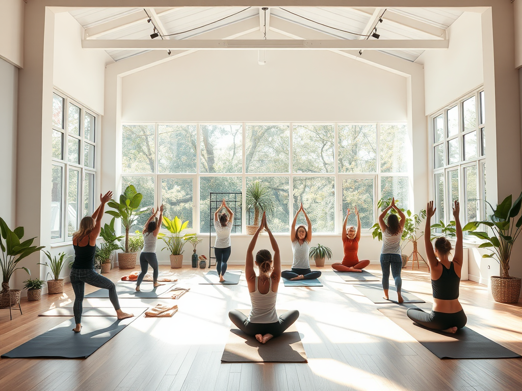 Een rustige yogastudio met deelnemers in verschillende poses.
