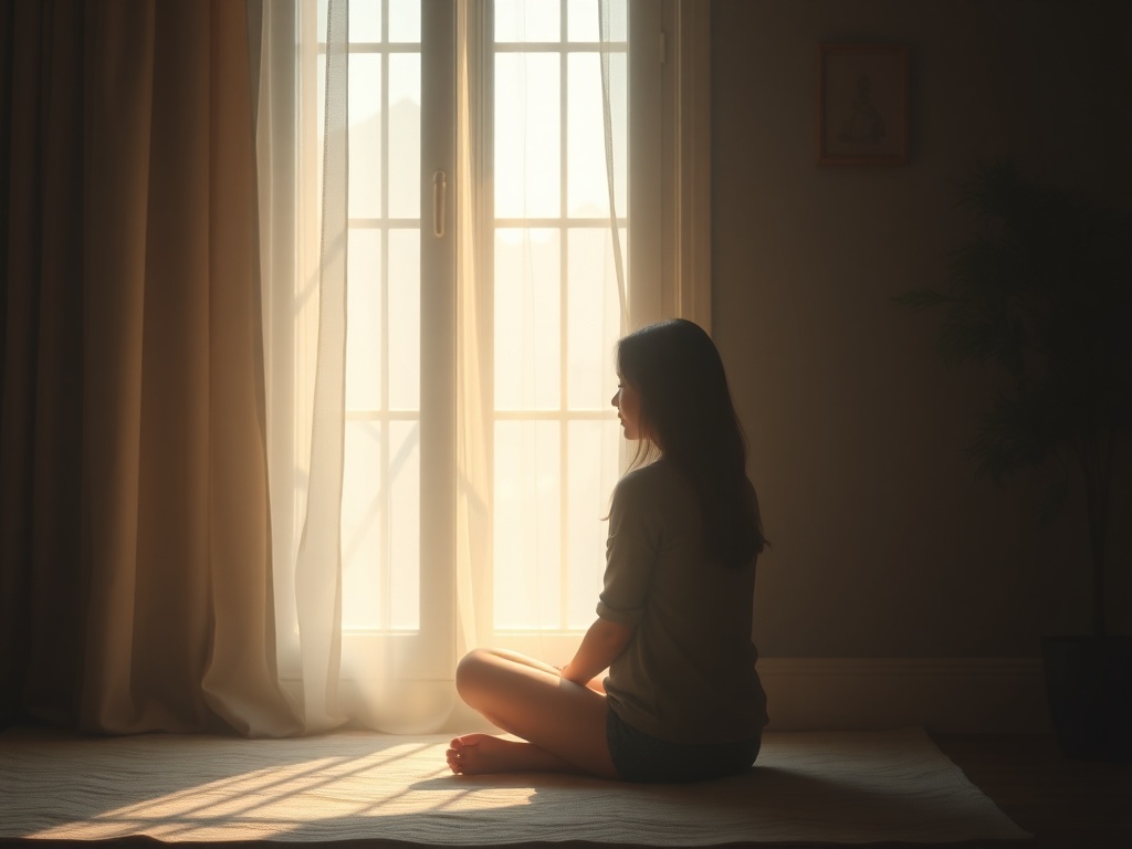 "serene person sitting cross‑legged" "soft morning window light" "floating dust particles" "gentle breathing haze" "quiet calm mood"
