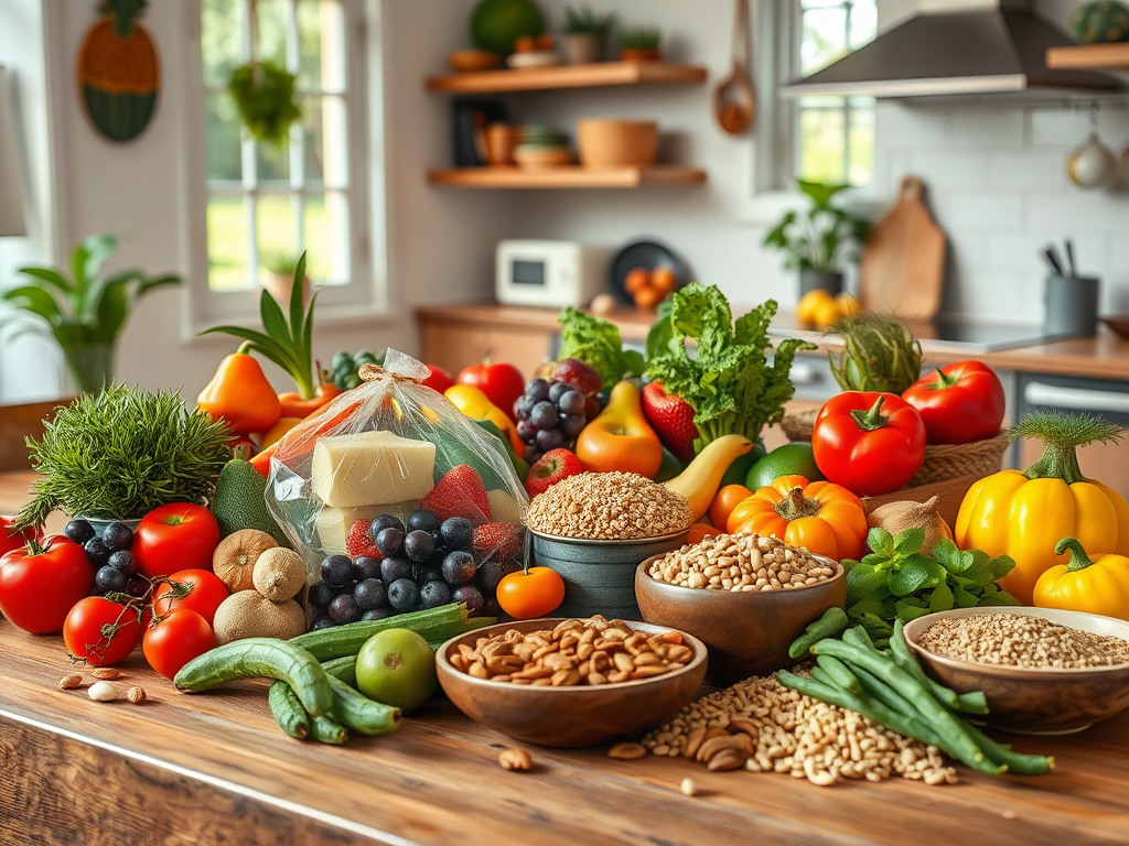 Een kleurrijke tafel vol verse groenten en fruit.