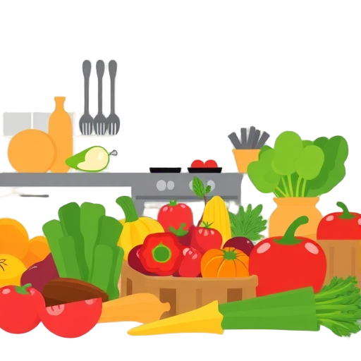 Keuken met kleurrijke groenten en fruit.