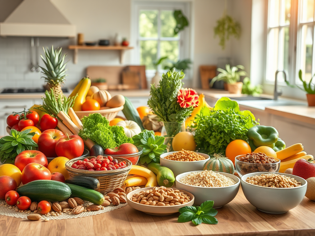 Een kleurrijke tafel vol vers fruit, groenten en granen.