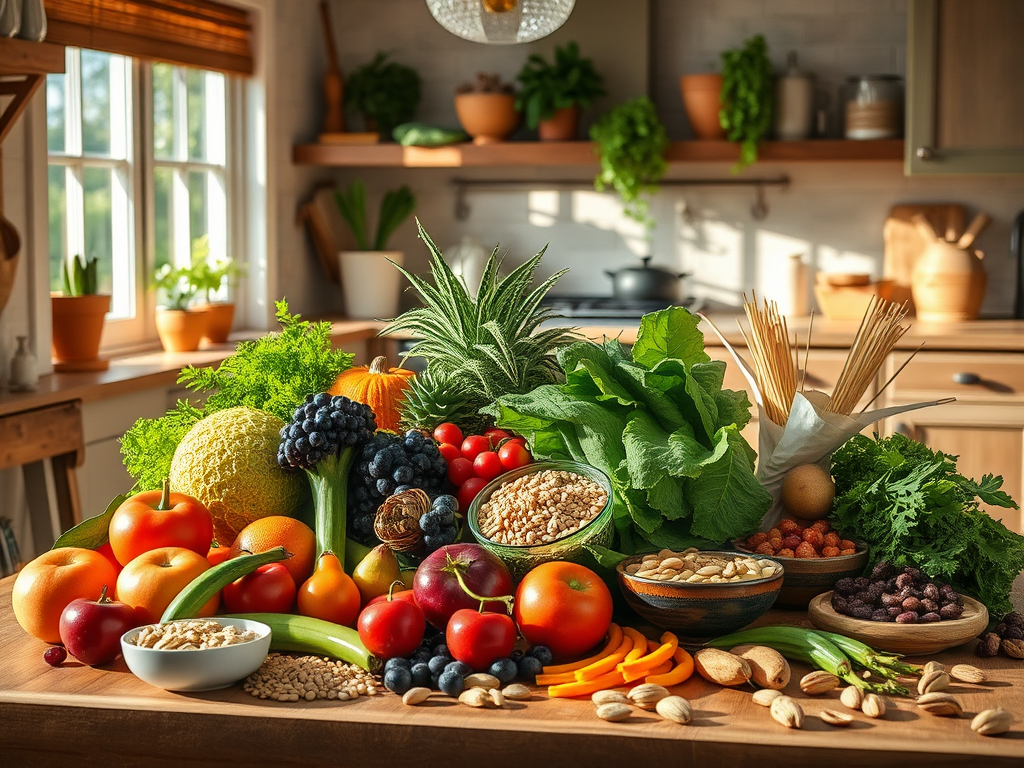 Een kleurrijke tafel met vers fruit en groenten.