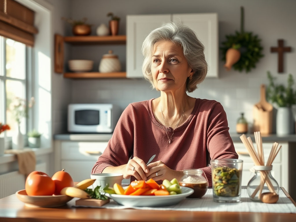 A serene middle-aged woman "calmly practicing mindful eating" at a cozy kitchen table, surrounded by "soft natural light," "healthy food," and symbols of "self-compassion and strength."