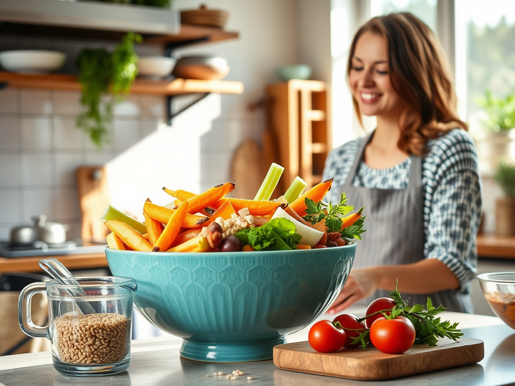 A vibrant kitchen scene with a "colorful bowl of high-protein, fiber-rich foods," a "measuring cup with grains," and a "happy woman preparing a healthy meal," bathed in warm sunlight.