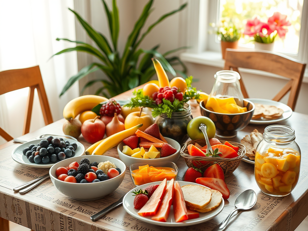 "A vibrant breakfast table" with "colorful fruits" and "nutritious dishes" under "soft morning light," evoking "health and energy."