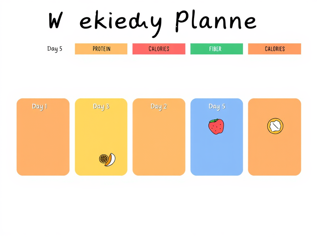 "a weekly planner" "7 colorful boxes labeled Day 1 to Day 5" "icons representing protein, fiber, calorie density" "healthy food illustrations" "calm, clean background"