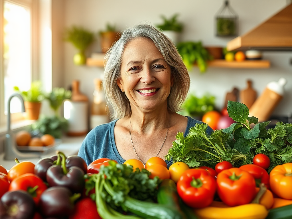 A serene woman in her 40s, surrounded by vibrant, fresh fruits and vegetables, smiling gently in a sunlit kitchen with warm natural light.