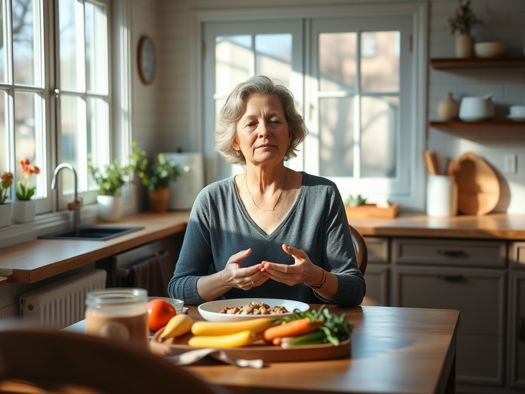 A serene middle-aged woman "calmly practicing mindful eating" at a cozy kitchen table, surrounded by "soft natural light," "healthy food," and symbols of "self-compassion and strength."