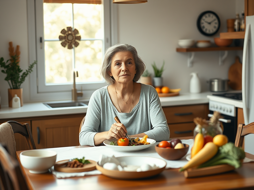 A serene middle-aged woman "calmly practicing mindful eating" at a cozy kitchen table, surrounded by "soft natural light," "healthy food," and symbols of "self-compassion and strength."