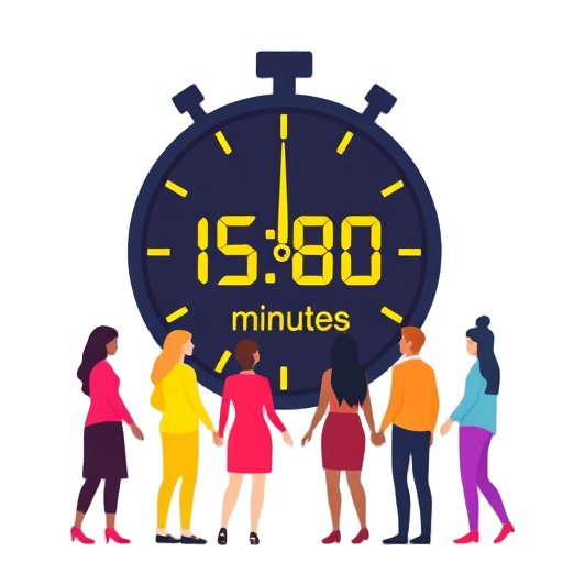 "Five minutes" "digital clock" "bright colors" "daily routine" "people icons" "group of participants" "women silhouettes" "helping hands"