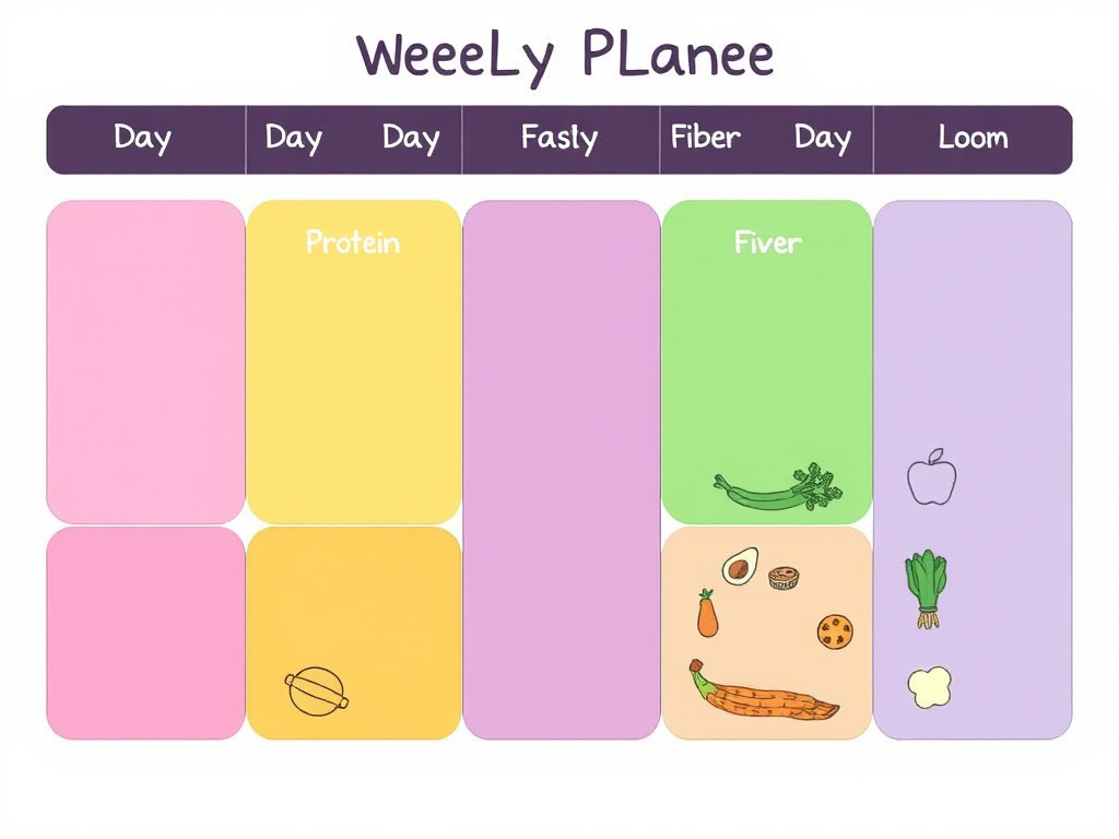 "a weekly planner" "7 colorful boxes labeled Day 1 to Day 5" "icons representing protein, fiber, calorie density" "healthy food illustrations" "calm, clean background"