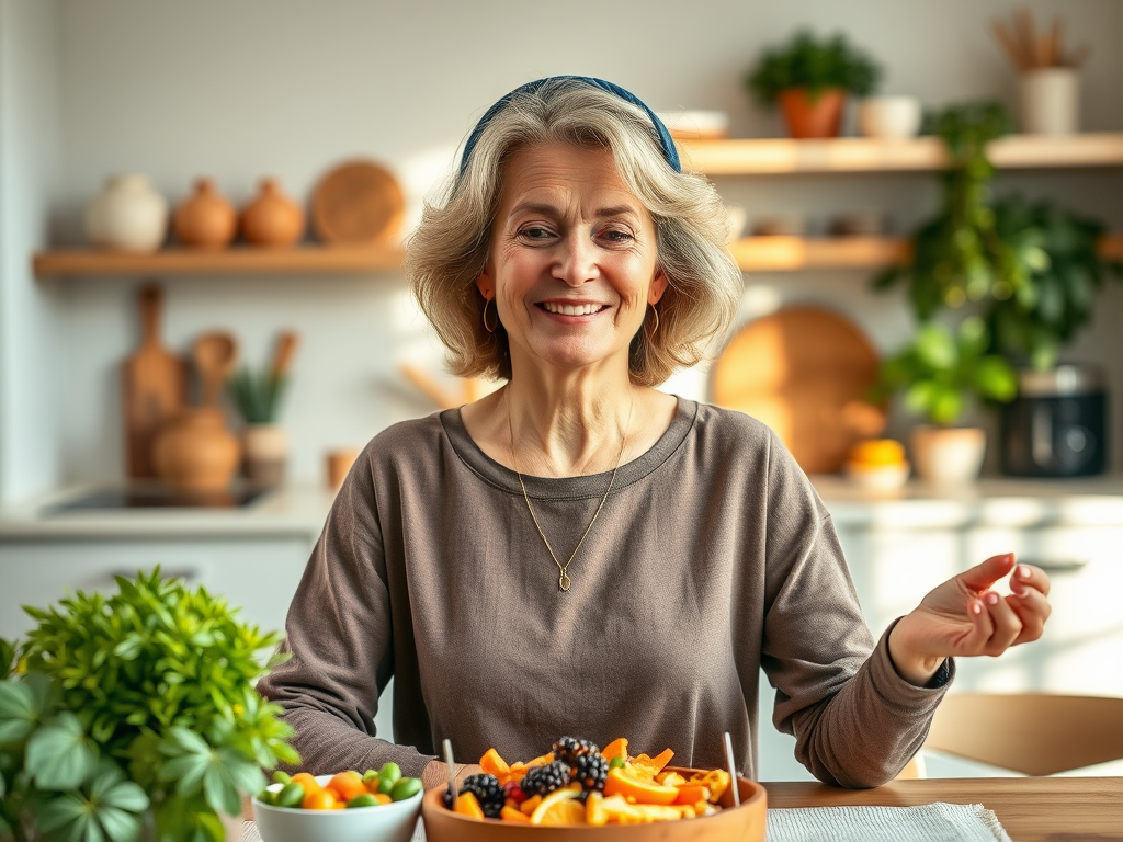 "middle-aged woman" "peaceful expression" "calm kitchen setting" "healthy colorful meal" "soft natural lighting" "symbols of mindfulness and balance" "gentle breathing pose" "warm comforting atmosphere"