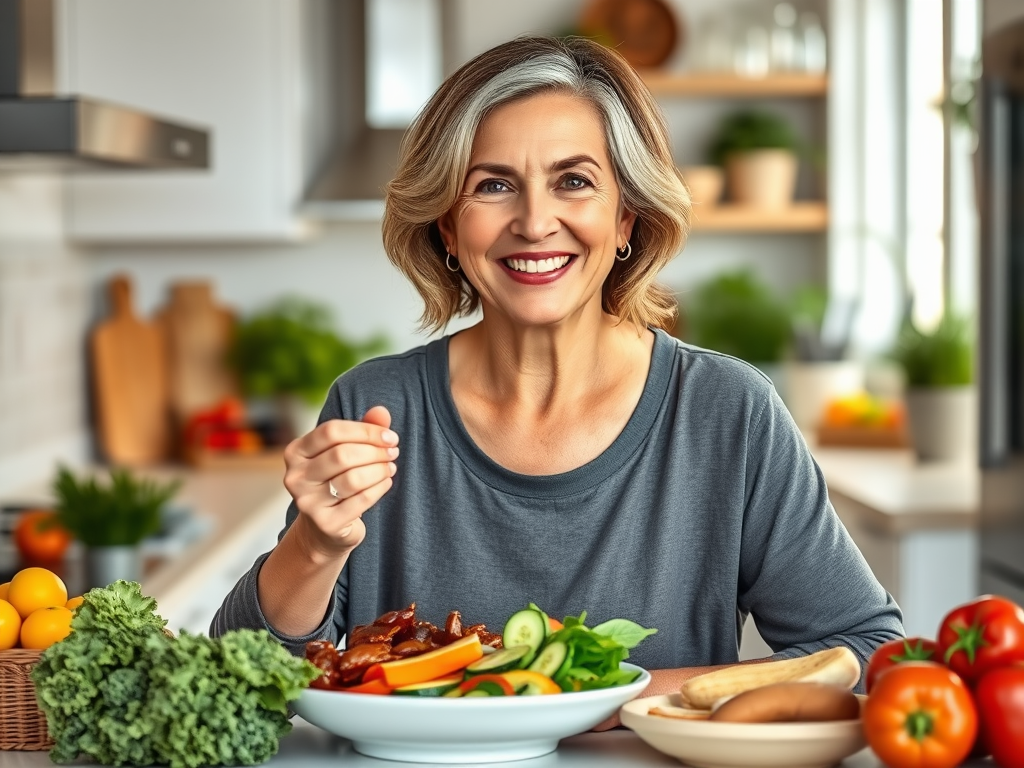 "a confident middle-aged woman" "enjoying a colorful, balanced meal" "light-filled modern kitchen" "fresh vegetables and fruits" "calm, satisfied expression" "symbolizing health and wellness transformation"