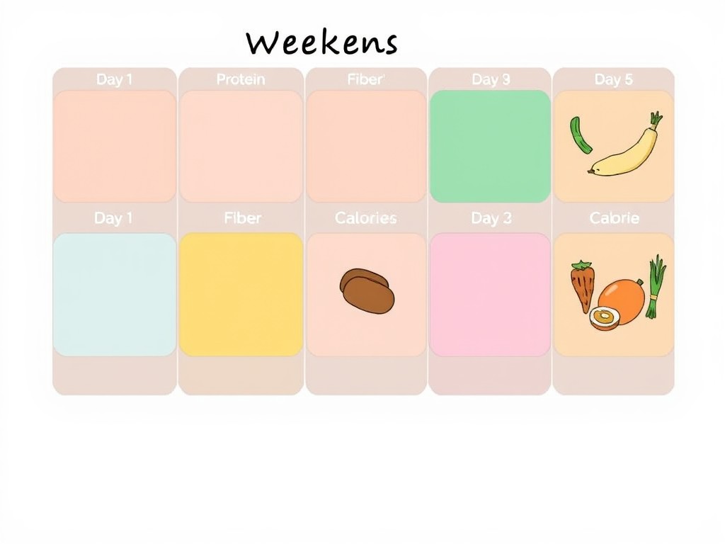 "a weekly planner" "7 colorful boxes labeled Day 1 to Day 5" "icons representing protein, fiber, calorie density" "healthy food illustrations" "calm, clean background"