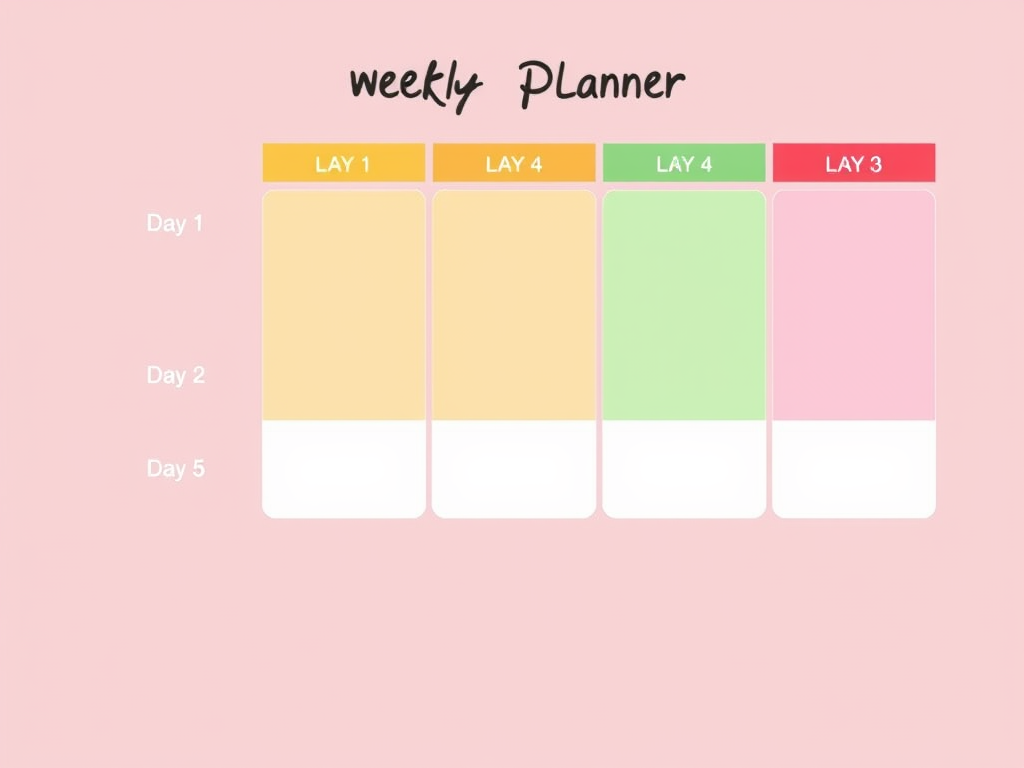 "a weekly planner" "7 colorful boxes labeled Day 1 to Day 5" "icons representing protein, fiber, calorie density" "healthy food illustrations" "calm, clean background"