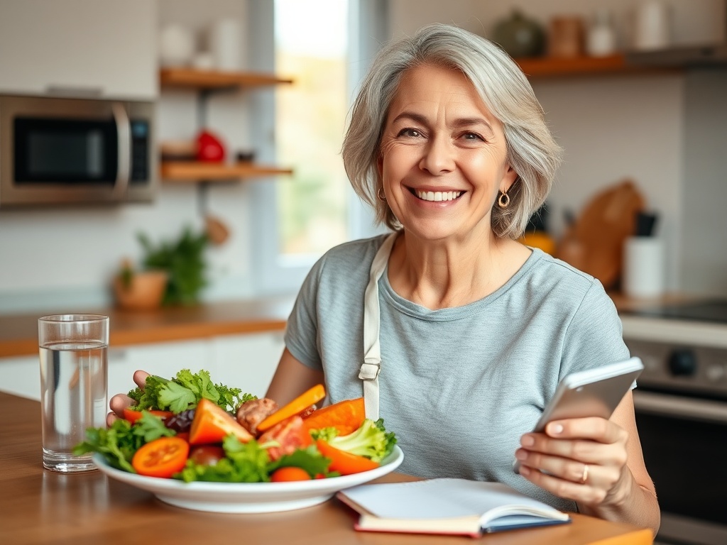 "Middle-aged woman, joyful, glowing skin" "healthy balanced meal plate, colorful vegetables, lean protein" "cozy kitchen morning light, warm tones" "journal, glass of water, dumbbells" "natural, realistic, uplifting atmosphere"