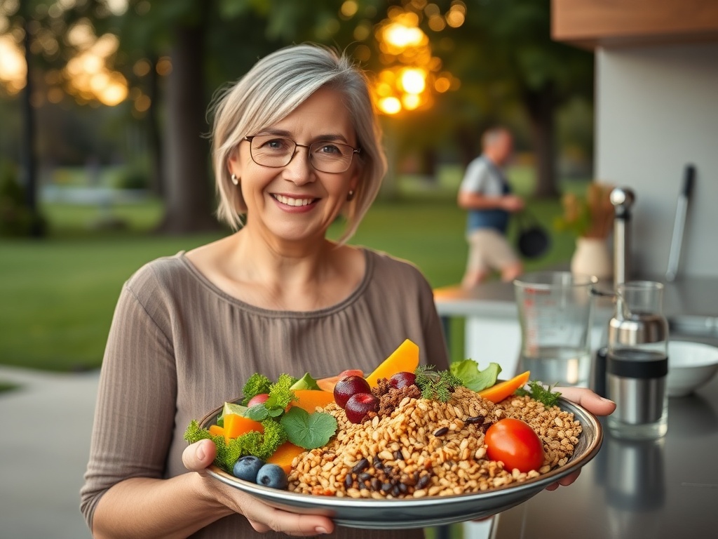 "confident woman in her forties smiling" "healthy abundant plate with colorful vegetables and whole grains" "gentle walking in park at sunrise" "calm kitchen scene with measuring cup and water" "soft warm lighting, uplifting, realistic photographic style"