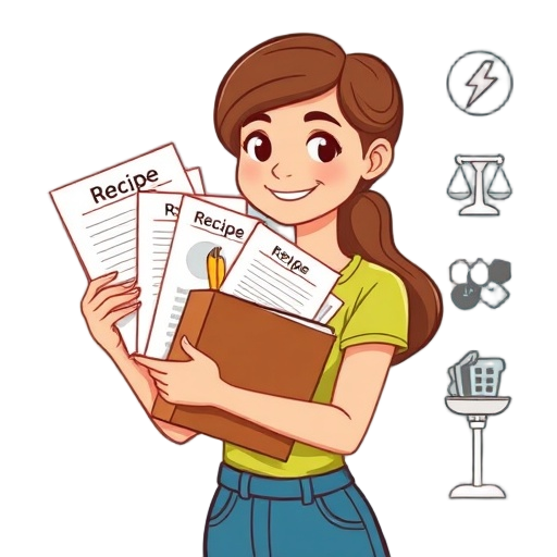 "woman holding recipe bundle" "three stylized recipe cards" "icons