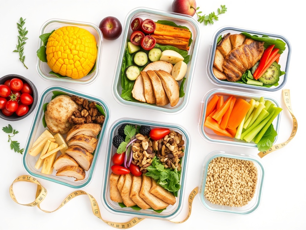 "Flat lay of healthy recipe bundles" "colorful meal prep containers with salads, grilled chicken, roasted vegetables" "fresh fruits, nuts, whole grains, measuring tape" "soft natural lighting, clean white background, inviting arrangement"