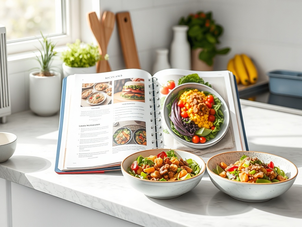 "Minimalist kitchen counter" "open recipe binder with colorful meal photos" "fresh Mediterranean ingredients" "low-carb protein bowls" "plant-based dishes" "bright natural light"