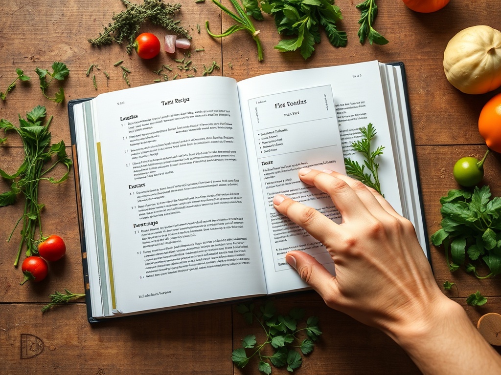 "open cookbook on rustic table" "fresh herbs and vegetables scattered" "warm natural light" "hand reaching for recipe card"