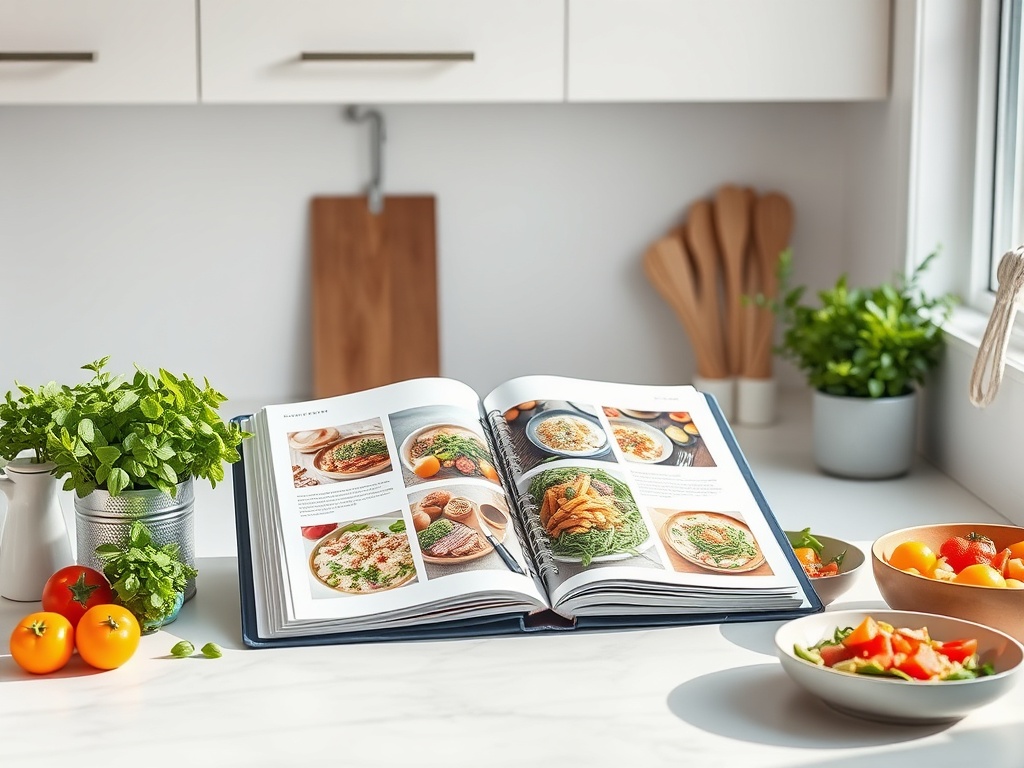 "Minimalist kitchen counter" "open recipe binder with colorful meal photos" "fresh Mediterranean ingredients" "low-carb protein bowls" "plant-based dishes" "bright natural light"