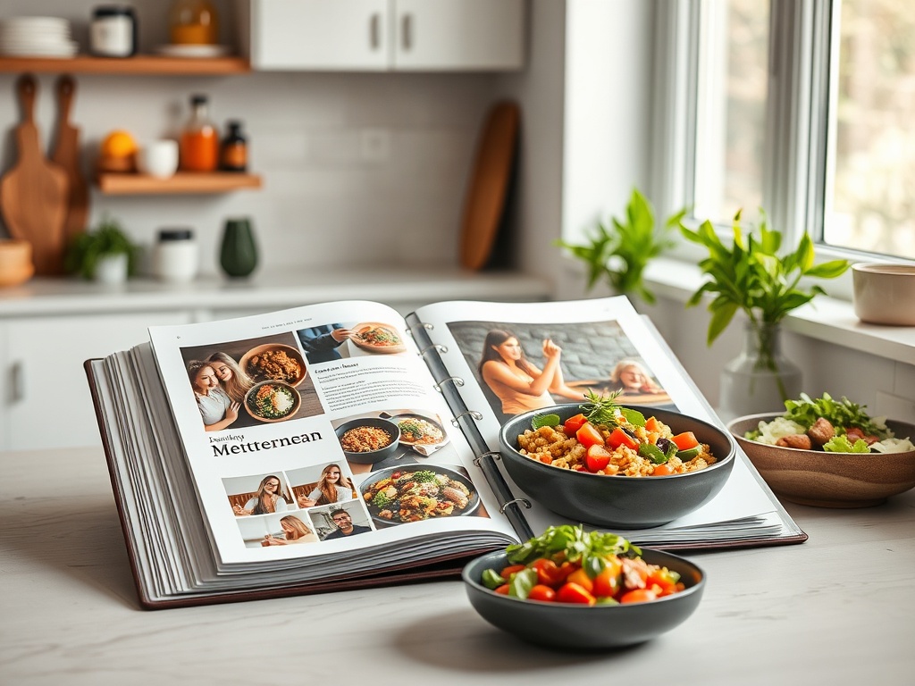 "Minimalist kitchen counter" "open recipe binder with colorful meal photos" "fresh Mediterranean ingredients" "low-carb protein bowls" "plant-based dishes" "bright natural light"
