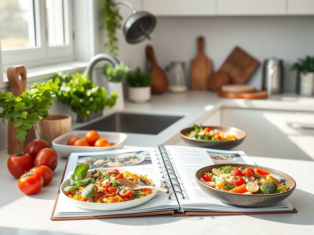 "Minimalist kitchen counter" "open recipe binder with colorful meal photos" "fresh Mediterranean ingredients" "low-carb protein bowls" "plant-based dishes" "bright natural light"