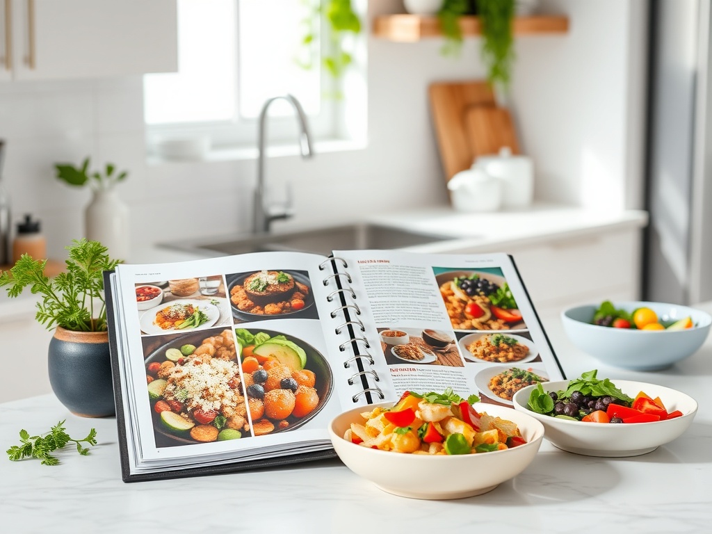 "Minimalist kitchen counter" "open recipe binder with colorful meal photos" "fresh Mediterranean ingredients" "low-carb protein bowls" "plant-based dishes" "bright natural light"