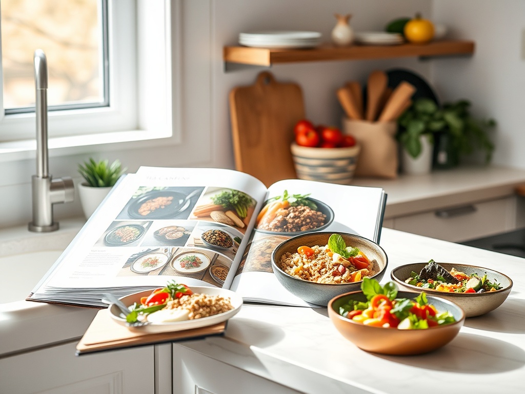 "Minimalist kitchen counter" "open recipe binder with colorful meal photos" "fresh Mediterranean ingredients" "low-carb protein bowls" "plant-based dishes" "bright natural light"