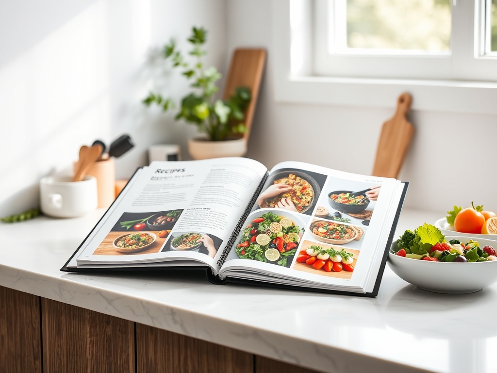 "Minimalist kitchen counter" "open recipe binder with colorful meal photos" "fresh Mediterranean ingredients" "low-carb protein bowls" "plant-based dishes" "bright natural light"